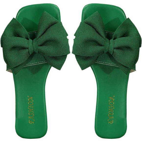 Women's Bow Green Square Toe Flat Summer Sandals Slides Slip On Shoes - Picture 1 of 6